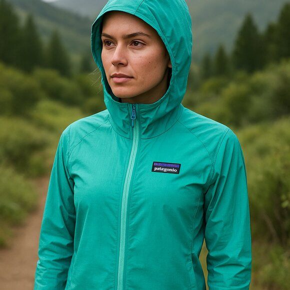 Patagonia Women’s Houdini Jacket Large Teal Green Hooded Windbreaker Lightweight - Picture 1 of 10